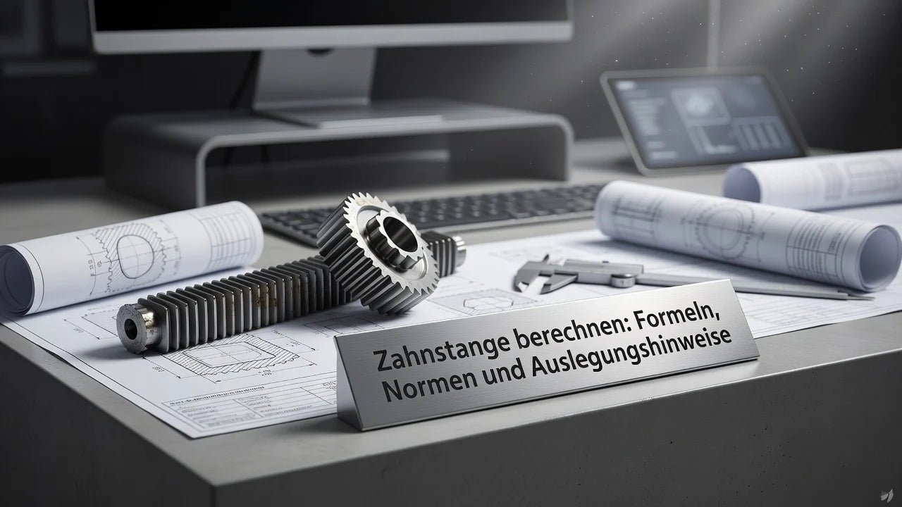 Professional header image for educational tutorial: Zahnstange berechnen: Formeln, Normen und Auslegungshinweise