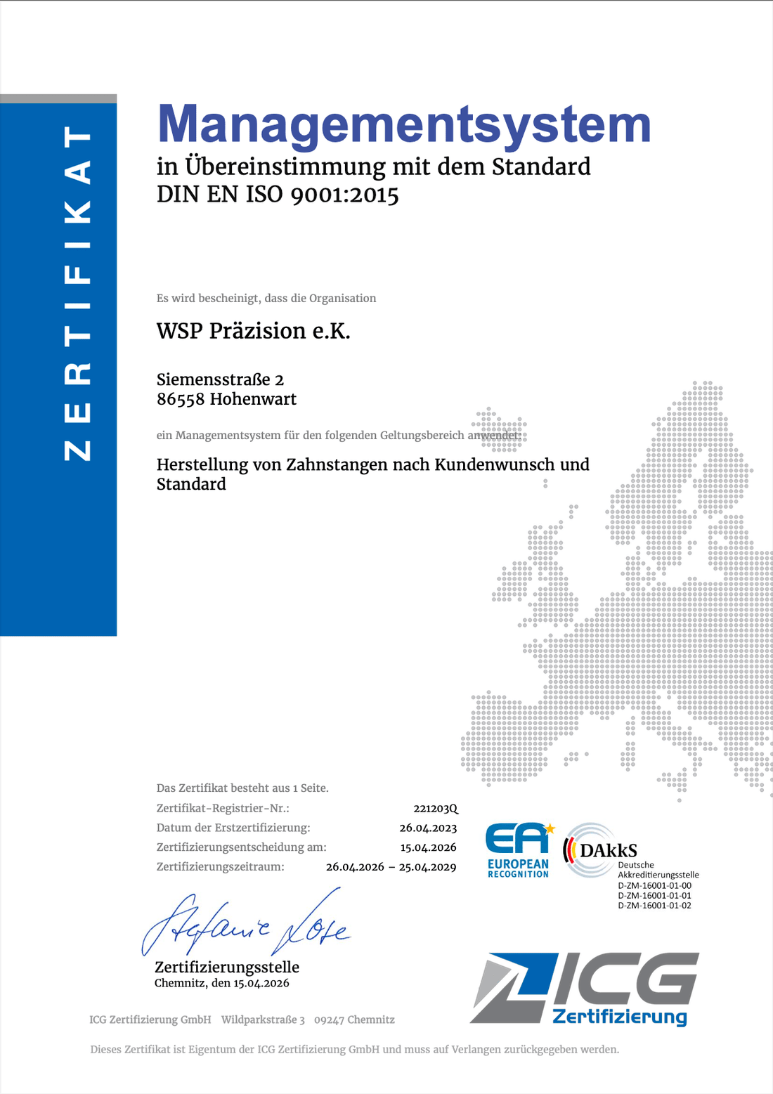 WSP Präzision ist nach DIN EN ISO 9001:2015 zertifiziert - WSP Präzision