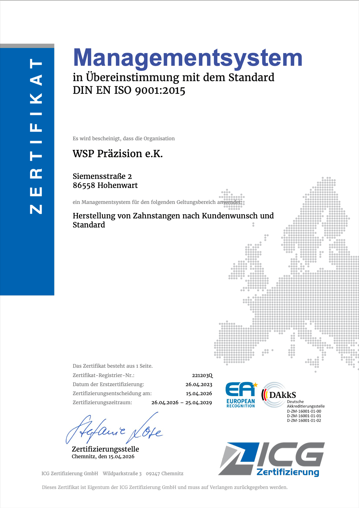WSP Präzision ist nach DIN EN ISO 9001:2015 zertifiziert - WSP Präzision