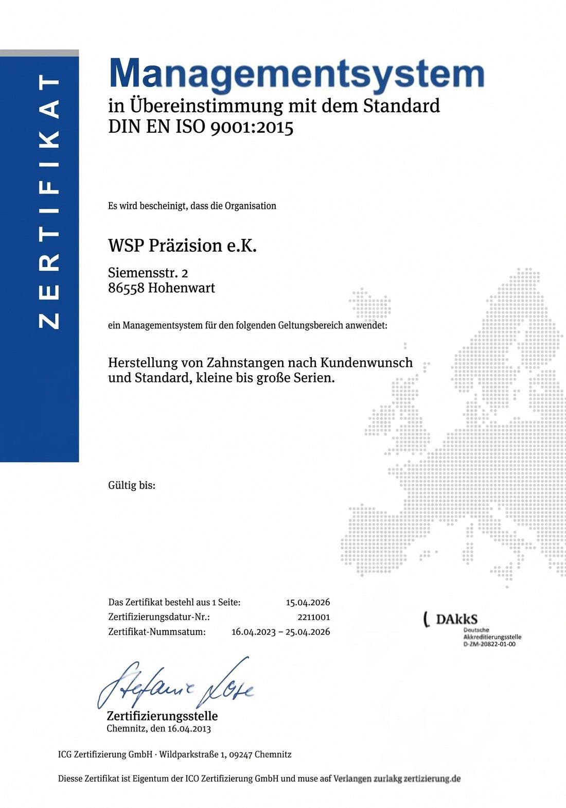 WSP Präzision ist nach DIN EN ISO 9001:2015 zertifiziert - WSP Präzision