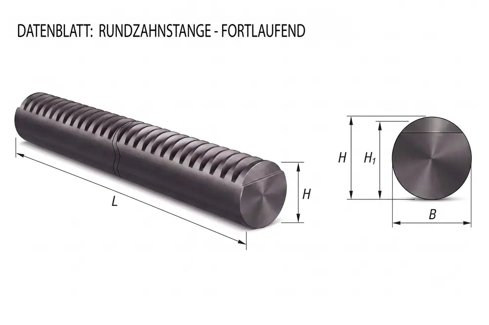 Produkt-Datenblatt Rundzahnstange, fortlaufend — technische Zeichnung mit 3D-Ansicht der Verzahnung, Maßen L und H sowie Querschnitt mit H, H1 und B